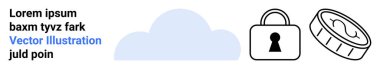 Bulut çizimi, solda rastgele metin, sağda kilit ve kripto para. Veri güvenliği, bulut depolama, kripto para birimi, fintech, çevrimiçi güvenlik, dijital işlemler, gizlilik koruması için ideal