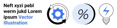 Dönen okları, yüzde sembolü ve mavi ve siyah renkli ampulleri olan dişliler. İş süreçleri, finans, enerji, yenilik, teknoloji, girişimler için idealdir. İniş sayfası