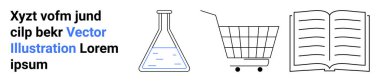 Laboratuvar matarası, alışveriş arabası ve bitişiğindeki açık kitap sembolleri. Mavi Vektör İllüstrasyonlu siyah bir metin. Eğitim, e-ticaret, laboratuvar araştırmaları, pazarlama, ders kitapları, çevrimiçi için ideal