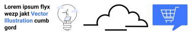 Analitik ampul, bulut çizgisi, konuşma balonunda mavi alışveriş arabası, yer tutucu metin. Teknoloji, yenilik, bulut hesaplama, e-ticaret, kavramsal tasarım, modern web temaları için ideal