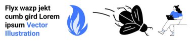 Dizüstü bilgisayarı olan bir kadın, metin tutucu, stilize sinek, alev sembolü. Teknoloji, ev işi, üretkenlik, yaratıcılık, grafik tasarımı, modern yaşam tarzı ve iletişim için ideal. İniş sayfası
