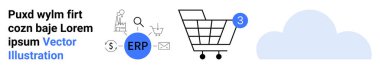 Simgeler arasında ERP, alışveriş arabası, bulut, büyüteç, istatistik, e-posta yer alıyor. Dijital dönüşüm, e-ticaret, girişim kaynak planlaması, bulut hizmetleri, analitik çevrimiçi alışveriş için ideal