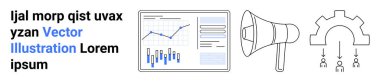 Çizgi çizelgesi, bar çizelgesi, megafon, devreli teçhizat. İş analizleri, pazarlama, süreç optimizasyonu, veri temsili, dijital pazarlama, stratejiler ve kampanya için ideal