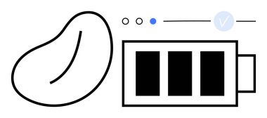 Batarya ikonu ve ilerleme göstergelerinin yanında basit bir fasulye çizgisi sanatı. Teknoloji, enerji, sürdürülebilirlik, arayüz tasarımı, tarım, minimalizm ve kavramsal sanat için idealdir. Satır metaforu