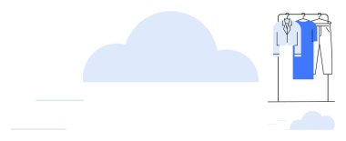 Asılı tişörtler, ceket ve pantolon askıda. Veri depolama, organizasyon, bulut hesaplama, gardırop yönetimi, moda ekommerce minimalizmi için idealdir. Satır metaforu