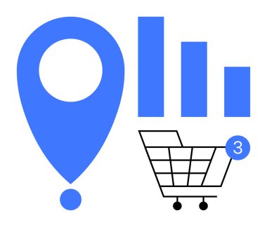 Mavi lokasyon iğnesi, üç kollu bar çizelgesi ve 3 uyarı sembollü alışveriş arabası. İş analizleri, çevrimiçi alışveriş, e-ticaret, lojistik, veri takibi ve müşteri takibi için ideal