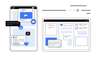 Sosyal medya etkileşimlerini ve bildirimleri işle ilgili belgeler ve bildirimlerle birlikte masaüstü ekranının yanında gösteren akıllı telefon. Sosyal medya, iş üretkenliği ve çoklu görev için ideal