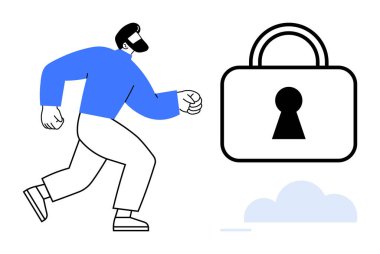 Adam elinde anahtar deliğiyle büyük bir kilide doğru koşuyor. Güvenlik, erişim kontrolü ve hedefe ulaşmayı sembolize ediyor. Teknoloji, siber güvenlik, güvenlik, hedef belirleme, bilişim ve gizlilik için ideal