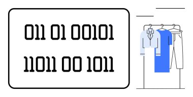 Binary code displayed on a screen with clothing items hanging on a rack, including shirts and pants. Ideal for technology, digital integration, fashion tech, futuristic concepts, coding, data clipart