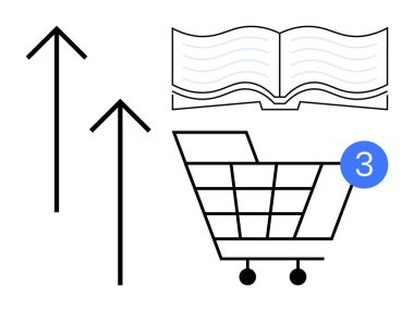 Açık bir kitap, iki yukarı doğru ok, 3 tebligatlı alışveriş arabası. Eğitim, perakende satış, ilerleme izleme, okuma alışkanlıkları, tüketici davranışı e-ticaret çevrimiçi öğrenme için idealdir. Satır metaforu