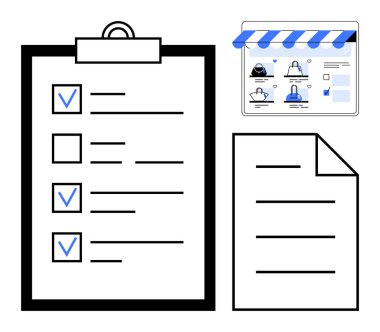 İşaretli kutulu dijital kontrol listesi, satırlı bir belge ve çevrimiçi mağaza arayüzü. Üretkenlik, organizasyon, e-ticaret, görev yönetimi, iş planlaması, proje izleme için ideal