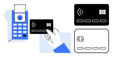Posta terminalinin yanında elinde bir kredi kartı var. Siyah beyaz kredi kartı tasarımları. Finans, elektronik ödemeler, perakende işlemleri, banka hizmetleri, modern alışveriş için ideal