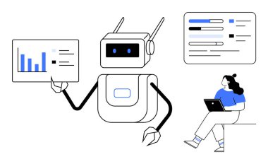 Robot ekranda dizüstü bilgisayar kullanan bir kadına veri grafiklerini sunuyor. Yapay zeka eğitimi, teknik sunumlar, veri analizleri, dijital eğitim, programlama kursları, gelecekteki görseller, otomasyon için ideal