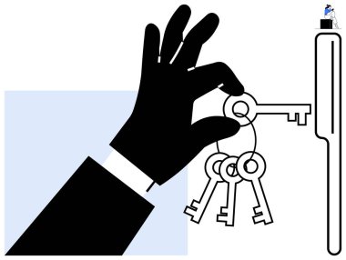 Siyah siluet el kapı kilidinin yanında anahtarları tutuyor. Kapı kilidi üzerinde çalışan küçük bir boyacı figürü. Bakımı temsil ediyor. Güvenlik, erişim, kontrol, mülk yönetimi, ev güvenliği, mahremiyet için ideal