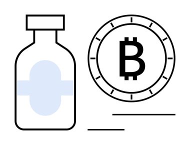Bitcoin sembolünün yanında mavi haç bulunan tıbbi bir şişe. Sağlık, kripto para birimi, dijital ödemeler, finans teknolojisi, tıbbi gelişmeler, çevrimiçi işlemler, sanayi yeniliği için ideal