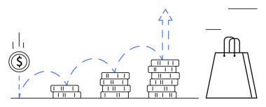 Yığınla bozuk para yukarı ok, bozuk para ve alışveriş torbası ile büyüyor. Finans, yatırım, tasarruf, ekonomi, parasal büyüme tüketici davranışı perakende anlayışı için ideal. Çizgi