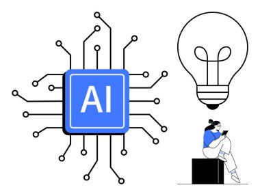 Çeşitli noktalara bağlı yapay zeka çipi, büyük minimalist ampul, tablet okuyan insan. Yapay zeka kavramları, teknolojik yenilik, eğitim, fütüristik temalar, modern tasarım için ideal