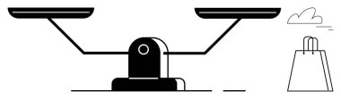 İki boş tepsi, bir alışveriş torbası ve bir bulutla denge terazisi. Denge, ekonomi, sürdürülebilirlik, karar verme, ekonomi ekolojisi için idealdir. Satır metaforu