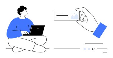 Eller dijital kimlik kartını tutarken dizüstü bilgisayarla bağdaş kurarak oturmak. Uzaktan çalışma, dijital kimlik, teknoloji, çevrimiçi doğrulama, kişisel veri, serbest çalışma, siber güvenlik için ideal