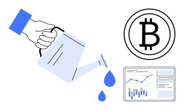 Analitik ekranın yanında konserve kutusundan Bitcoin sembolüne su dökerek grafikleri gösteriyor. Yatırım stratejileri, kripto para birimi büyümesi, fintech, finansal planlama, dijital varlık yönetimi için ideal