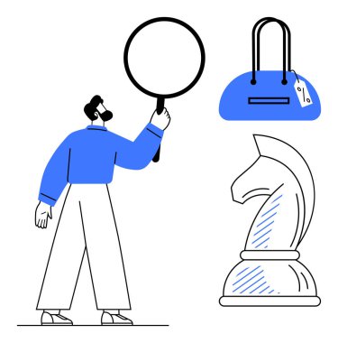 Büyüteç tutan adam, satranç şövalyesi ve el çantası gibi objeleri inceliyor. Strateji, moda, araştırma, karar verme, analiz, soruşturma temalar için ideal. Satır metaforu