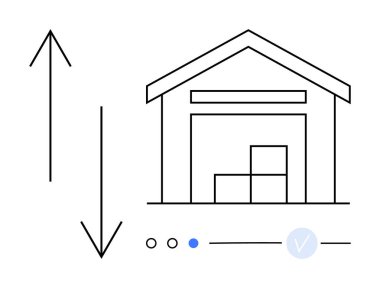 Kutuları olan depo yapısı, yukarı ve aşağı bakan iki ok ve ilerleme simgeleri. İkmal zinciri, lojistik, depolama yönetimi, envanter, depolama teslimat konseptleri için ideal. Çizgi