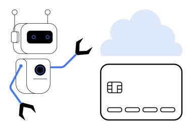Mavi aksanlı bir robot bulutun ve kredi kartının yanında sallanıyor. Yapay zeka, teknoloji, finans, bulut hesaplama, robot bilimi, dijital ödemeler ve yenilik temaları için idealdir. Satır metaforu