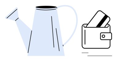 Sulama, içinde kredi kartı olan bir cüzdanın yanında büyümeyi sembolize edebilir. Finansal büyüme, tasarruf, yatırım, kişisel finans ipuçları, bütçe yönetimi, sermaye yönetimi, pazarlama için ideal. Çizgi