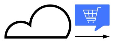 Siyah bulut çizgisi ve alışveriş arabası ikonu olan mavi konuşma balonu sağa doğru hareket eden siyah bir okla birbirine bağlı. Çevrimiçi perakende satış, bulut depolama, e-ticaret platformları, dijital pazarlama, veri