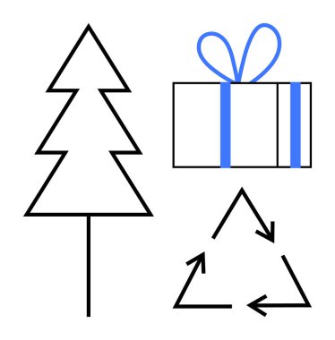 Christmas tree outline, wrapped gift box with bow, and recycling arrows. Ideal for eco-friendly holidays, sustainable decor, environmental awareness, green Christmas, conscious gifting, waste clipart