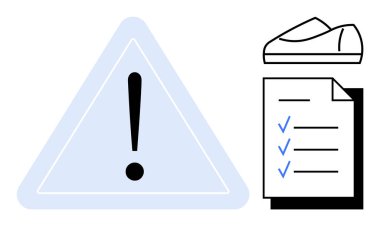 Uyarı üçgeninde ünlem işareti, işaretli kontrol listesi, ve başlık. Güvenlik kılavuzları, işyeri protokolleri, inşaat alanları, risk yönetimi, kalite kontrolü, uyum raporları için ideal
