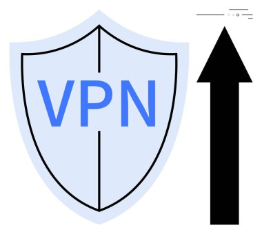 Yukarıya doğru yükselen siyah oklu VPN kalkanı güvenliği ve hızlı bağlantıyı simgeliyor. Siber güvenlik, veri koruması, internet gizliliği, güvenli tarama, ağ oluşturma, bilişim çözümleri, dijital