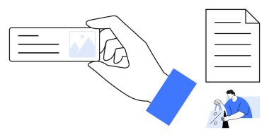 Elinde çizgiler ve resim tutacağı olan bir kartvizit var. Yakınlarda belge ve adam temizleme penceresi var. İş, ofis, temizlik hizmetleri, organizasyon, kimlik ve düzen için ideal. Çizgi