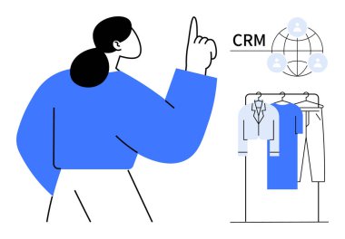 Businesswoman pointing upward towards CRM and network diagram, beside clothing rack with garments. Ideal for retail management, CRM systems, business strategy, fashion industry, tech integration clipart