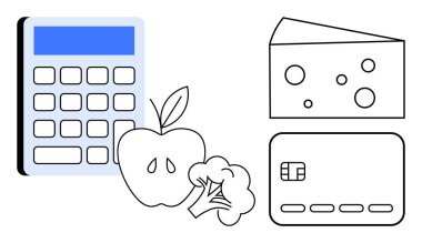 Calculator, apple, broccoli, cheese slice, and credit card. Ideal for budgeting, healthy eating, financial planning nutrition grocery shopping cost calculation and diet management. Line metaphor clipart