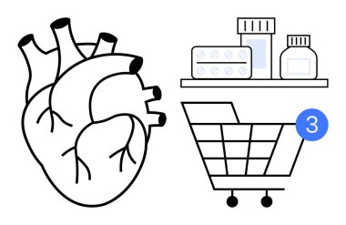 İnsan kalbinin tıbbi ürünleri ve bilgilendirme ikonu olan alışveriş arabasının yanındaki siyah ana hatları. Sağlık hizmetleri, tıbbi hizmetler, e-ticaret, çevrimiçi eczane, sağlık bilinci, tıbbi farkındalık için ideal