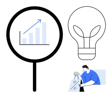 Yukarı grafikli büyüteç, büyük ampul ve alışveriş torbaları taşıyan figür. İş geliştirme, yenilik, perakende, analitik, pazarlama araştırmaları yaratıcı düşünce için idealdir. Çizgi