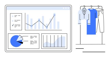 Veri analiz panelinin grafikleri, grafikleri ve giysi raflarıyla grafiksel temsili. Perakende analizi, iş stratejisi, moda endüstrisi, e-ticaret, piyasa eğilimleri, envanter için ideal