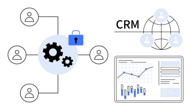 İnsan simgelerine bağlı dişliler, güvenliği gösteren kilit sembolü, birbirine bağlı insanlarla CRM metni ve ekrandaki istatistikler. İş yönetimi, veri güvenliği ve müşteri için ideal