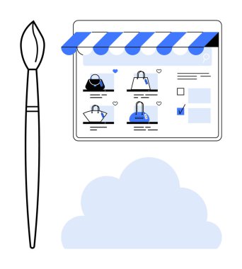 El çantaları, boya fırçası ve bulut simgeleriyle alışveriş sitesi arayüzü. Çevrimiçi perakende satış için ideal, e-ticaret, yaratıcılık, teknoloji, çevrimiçi sanat satışları dijital mağazalar web tasarımı. Satır metaforu