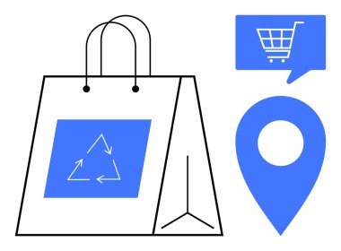 Geri dönüşüm sembollü kağıt alışveriş torbası, konuşma balonunda mavi alışveriş arabası, lokasyon rozeti. Çevrimiçi alışveriş, çevre dostu perakende satış, sürdürülebilir alımlar, coğrafya, lojistik ve teslimat için ideal