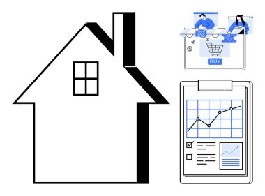 Ev şekli, satın alma düğmeli online alışveriş ekranı, finansal tablolar ve verilerle dolu pano. Gayrimenkul, ev satın alma, e-ticaret, finansal planlama, yatırım ipoteği tavsiyesi için ideal. Çizgi