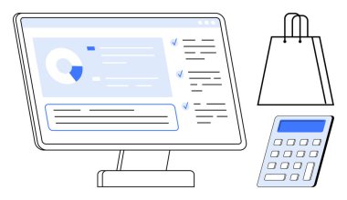 Bilgisayar monitörü veri ve analiz gösteriyor, bir alışveriş torbası ve hesap makinesi. E-ticaret, çevrimiçi alışveriş, veri analizi, piyasa araştırması, perakende yönetimi, mali planlama için ideal
