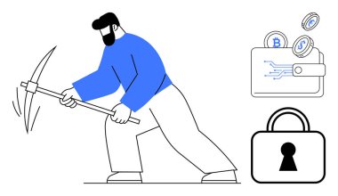 Kripto para bulmak için kazma kullanan adam, bozuk paralı dijital cüzdan ve asma kilit. Kripto para birimi, engelleme zinciri, madencilik, dijital cüzdanlar, çevrimiçi güvenlik, ekonomik analiz için ideal