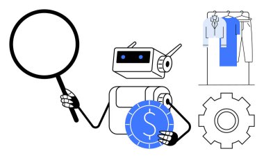 Robot, askı ve dişli ikonu olan büyüteç ve para birimi parası tutuyor. Teknoloji, finans, e-ticaret, otomasyon, yapay zeka, perakende ve üretim temaları için ideal. Satır metaforu