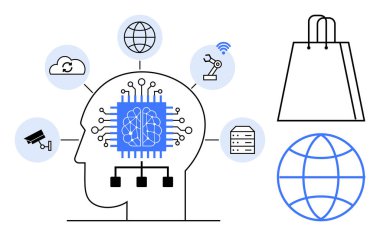 Bulut depolama, internet, robot bilimi, izleme, sunucular, alışveriş torbası ve küresel küreye bağlı beyin devresi olan insan kafası silueti. Yapay zeka ve teknolojik dijital dönüşüm için ideal