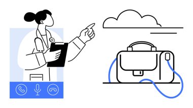 Bulut simgesi ve sağlık çantasını gösteren panosu olan bir sağlık görevlisi. Teletıp, bulut depolama, uzak çalışma, sanal toplantılar, sağlık teknolojisi, çevrimiçi danışmanlık, dijital