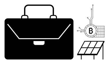 Siyah evrak çantası, dijital kripto para birimi sembolü devre detayları ve basit bir güneş paneli. Fintech, yenilenebilir enerji, iş, teknoloji entegrasyonu ve çevre dostu yatırımlar için ideal