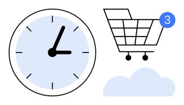 Elli saat yüzü, tebligatlı alışveriş arabası simgesi ve bulut simgesi. E-ticaret, zaman yönetimi, çevrimiçi alışveriş, bulut hesaplama, dijital pazarlama verimliliği hatırlatıyor. Çizgi