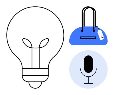 Fikirler için ampul, üzerinde fiyat etiketi olan mavi bir çanta ve mavi dairenin içinde mikrofon. Yaratıcılık, perakende satış, yayın, reklam, pazarlama beyin fırtınası teknolojisi için idealdir. Satır metaforu